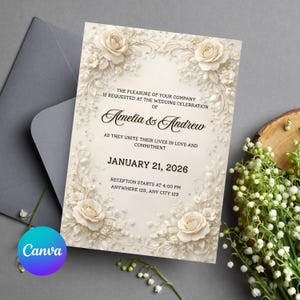 May include: Ivory wedding invitation with embossed floral details, including roses. The invitation features the names "Amelia & Andrew" and the date "January 21, 2026." A gray envelope is visible in the background. The Canva logo is in the lower left corner.
