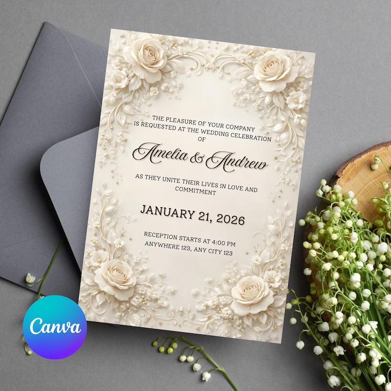 May include: Ivory wedding invitation with embossed floral details, including roses. The invitation features the names "Amelia & Andrew" and the date "January 21, 2026." A gray envelope is visible in the background. The Canva logo is in the lower left corner.