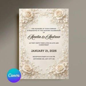 May include: Ivory wedding invitation with embossed floral details, including roses and delicate foliage. The text reads "Amelia & Andrew" and the date "January 21, 2026". The Canva logo is in the bottom left corner.