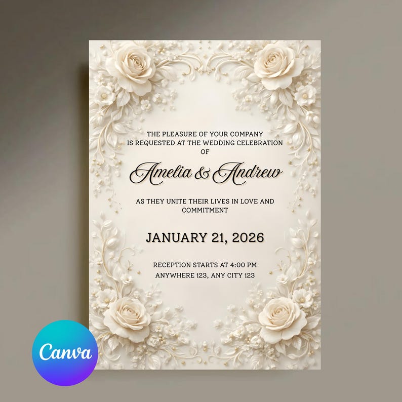 May include: Ivory wedding invitation with embossed floral details, including roses and delicate foliage. The text reads "Amelia & Andrew" and the date "January 21, 2026". The Canva logo is in the bottom left corner.