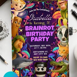 Op de afbeelding: Een levendige verjaardagsuitnodiging met de tekst "Isabella wordt 5! BRAINROT BIRTHDAY PARTY." Het ontwerp bevat cartoonfiguren, paddenstoelen en de RSVP-informatie.