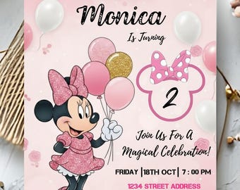 Carte d'anniversaire numérique modifiable Oh TWOdles, carte d'anniversaire numérique Mickey, invitation d'anniversaire Oh Twodles, invitation Boho Minnie, Mickey Mouse