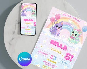 Pawty Invitation, Pink Puppy Party Invitation Template, Girl Dog Birthday Invite, Let's Pawty Evite Template, Puppies and Balloons