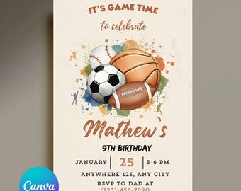 Sports Birthday Invitation, Sport Theme Birthday Invite, Digital Downloads Invite, Boy Birthday Invite