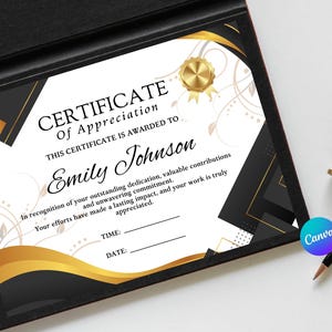 May include: A Certificate of Appreciation in a black folder, featuring gold and black geometric designs. The certificate is awarded to Emily Johnson. A gold seal, a pen, and a wax seal are next to the certificate.
