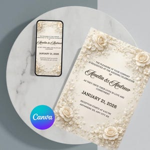May include: A wedding invitation and a smartphone displaying the same design, featuring floral embellishments and the names "Amelia & Andrew." The invitation includes the date January 21, 2026, and reception details. The Canva logo is visible.
