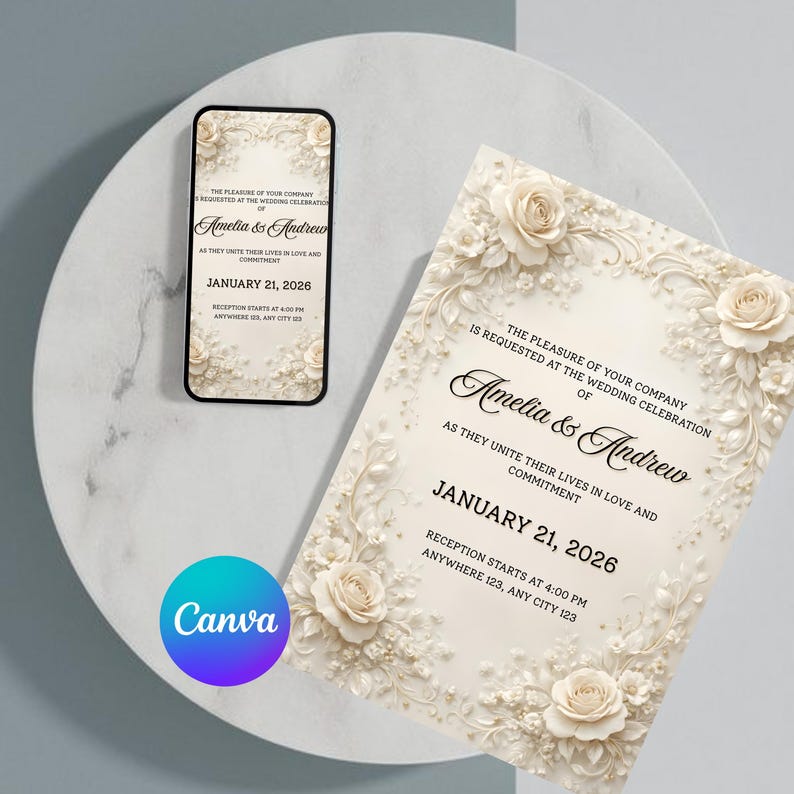 May include: A wedding invitation and a smartphone displaying the same design, featuring floral embellishments and the names "Amelia & Andrew." The invitation includes the date January 21, 2026, and reception details. The Canva logo is visible.