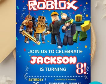 Roblox Invitation, Roblox Invite, Game Party, Roblox Boys Birthday Invitation Template, Game Birthday, Kids Roblox, Canva