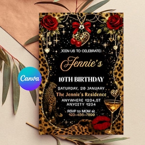 Peut inclure: Une invitation d'anniversaire noire et dor&eacute;e avec une bordure l&eacute;opard. L'invitation comprend le texte "10e anniversaire de Jennie" et "Rejoignez-nous pour c&eacute;l&eacute;brer !" avec une rose rouge et un motif de cerise. Le logo Canva est dans le coin.