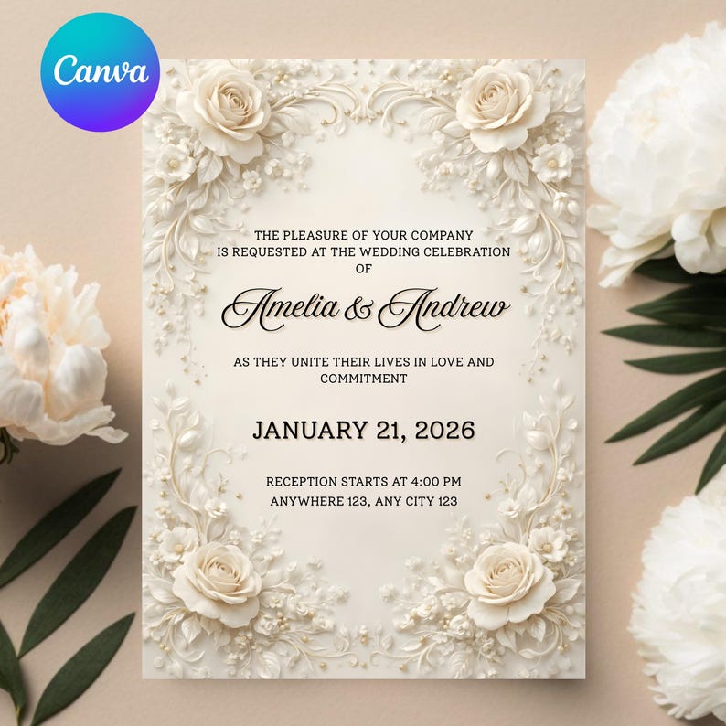 May include: Ivory wedding invitation featuring floral embellishments and the names "Amelia & Andrew." The text reads "January 21, 2026" and includes reception details. The Canva logo is in the upper left corner.
