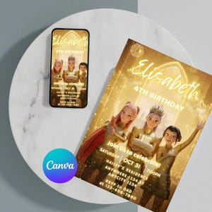 Zaproszenie urodzinowe K-pop Demon Hunters – edytowalny szablon Canva – Huntrix Golden White and Black Suits – drukowane zaproszenie na przyjęcie urodzinowe zdjęcie 2