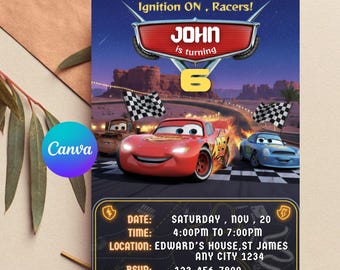 Lightning McQueen Birthday Invitation Editable Canva Template, Cars Birthday Invite, Cars Theme Party Invitation, Digital Download 5x7