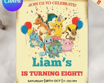 Invitación de cumpleaños de Pikachu: plantilla imprimible y editable (descarga digital)