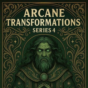 Puede incluir: Ilustración digital con fondo verde oscuro y adornos dorados. El texto "ARCANE TRANSFORMATIONS SERIES 4" se muestra. Un mago de piel verde con ojos brillantes está en el centro. El mago tiene una larga barba y viste una túnica verde.