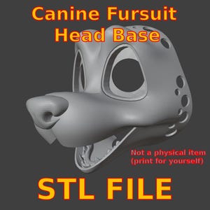 Puede incluir: Base de cabeza de fursuit canina gris impresa en 3D. El diseño incluye grandes aberturas para los ojos, un hocico y una boca detallada. El texto "Canine Fursuit Head Base" y "STL FILE" es amarillo. También es visible el texto "Not a physical item (print for yourself)".