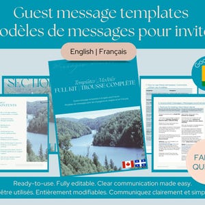 Puede incluir: Un gráfico turquesa con el texto "Guest message templates" y "Modèles de messages pour invités". La imagen incluye un documento con el texto "Templates Modèles FULL KIT TROUSSE COMPLETE" y la bandera canadiense. El texto dice "Ready-to-use. Fully editable. Clear communication made easy."