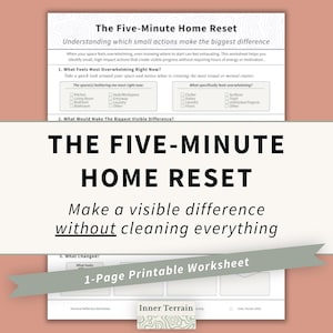 May include: A white, one-page printable worksheet titled The Five-Minute Home Reset. The document includes sections for identifying overwhelming spaces and tasks, with checkboxes for rooms and clutter types, plus a section for personal reflection.