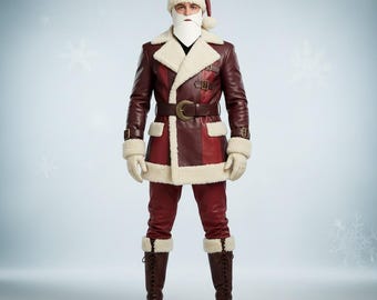 Premium Real Leather Santa Suit | Modern Biker Santa Costume | Shearling-Lined Aviator Jacket | Deluxe Custom Cosplay Outfit