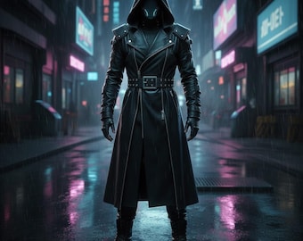 Real Leather Cyberpunk Hooded Trench Coat | Men's Long Duster Overcoat | Sci-Fi Apocalyptic Wasteland Gear