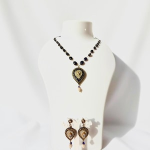 Blue Sapphire Pendant Necklace Set with Earrings, Teardrop Bridal Jewelry, Royal Indian Jewelry Set, Statement Necklace Gift for Her