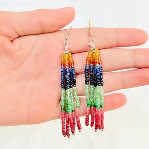 Könnte beinhalten: Bunte Perlen-Ohrhänger. Diese Ohrringe haben eine Kaskade aus kleinen, mehrfarbigen Perlen in Rot-, Rosa-, Grün-, Blau- und Gelbtönen. Die Ohrringe haben einen silberfarbenen Hakenverschluss. Die Perlen sind in vertikalen Reihen angeordnet.