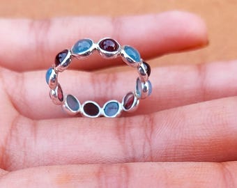 Garnet Aquamarine Eternity Band Ring, 925 Sterling Silver Ring, Handmade