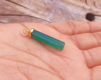 Pencil Shape Green Onyx 18K Solid Gold Charm Pendant: Handmade Gemstone Necklace