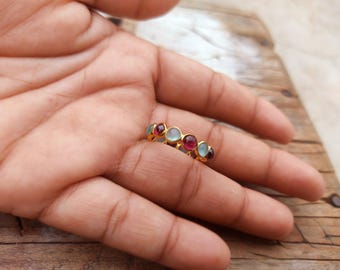 Handmade Garnet & Aquamarine Eternity Band Ring: 22K Gold Plated Sterling Silver