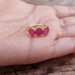 22k Gold Plated, Natural Ruby Full Eternity Ring – Oval Red Gemstone Stacking Band