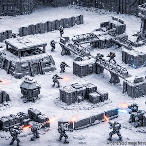 以下が含まれることがあります： 雪の戦場を詳細にデジタルレンダリングしたシーン。ミニチュアの構造物とフィギュアが配置されています。灰色の建物と橋が雪の中に散らばり、ミニチュアの兵士が戦闘しています。画像は未来的なSFテーマです。
