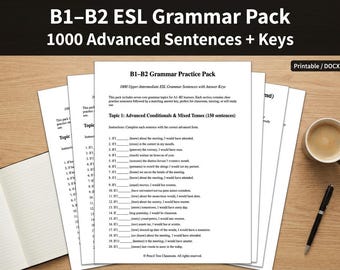 B1–B2 Advanced ESL Grammar Pack | 1000 Sentences + Answer Keys | Printable Upper-Intermediate Worksheets
