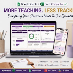 May include: A laptop, smartphone, and lesson plan book are displayed, showcasing a classroom dashboard. The screen displays data visualizations and the text "MORE TEACHING. LESS TRACKING." A purple mug and succulent plant are also visible.