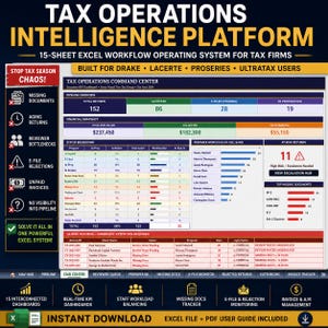 Può includere: Una piattaforma digitale di intelligence per le operazioni fiscali presentata come un sistema di flusso di lavoro Excel a 15 fogli. L'interfaccia include un centro di comando con panoramiche della pipeline, snapshot finanziari e monitoraggio.