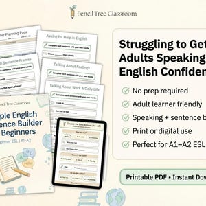 May include: Educational materials for beginner ESL learners. The image shows a workbook titled "Simple English Sentence Builder for Beginners" and several worksheets. The text on the image reads "Struggling to Get Adults Speaking English Confidently?" and "Printable PDF &bull; Instant Download."