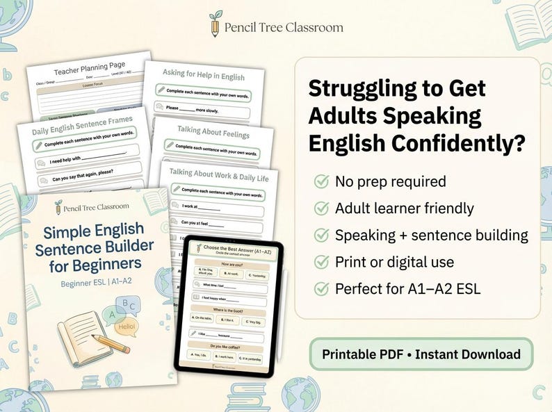May include: Educational materials for beginner ESL learners. The image shows a workbook titled "Simple English Sentence Builder for Beginners" and several worksheets. The text on the image reads "Struggling to Get Adults Speaking English Confidently?" and "Printable PDF &bull; Instant Download."