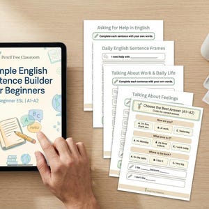 May include: A tablet displays "Simple English Sentence Builder for Beginners" with a book and pencil graphic. Beside it are printed English worksheets, including "Asking for Help in English" and "Talking About Feelings." A printer and notepad are also visible.