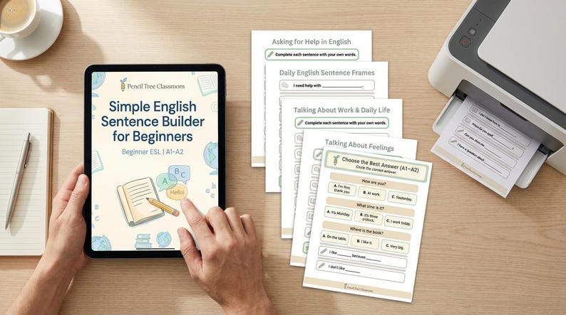 May include: A tablet displays "Simple English Sentence Builder for Beginners" with a book and pencil graphic. Beside it are printed English worksheets, including "Asking for Help in English" and "Talking About Feelings." A printer and notepad are also visible.