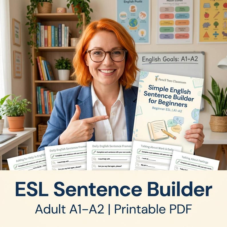 May include: A woman with red hair and glasses points to a book titled "Simple English Sentence Builder for Beginners." The book is part of a series for beginner ESL learners. The image also shows worksheets and the text "ESL Sentence Builder Adult A1-A2 | Printable PDF."