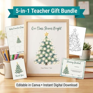 Könnte beinhalten: Ein Lehrer-Geschenkpaket mit einem gerahmten Druck mit einem Weihnachtsbaum-Design, zusammen mit Karten und einem Zertifikat. Der gerahmte Druck lautet "Our Class Shines Bright". Das Paket enthält den Text "5-in-1 Teacher Gift Bundle" und "Editable in Canva • Instant Digital Download."