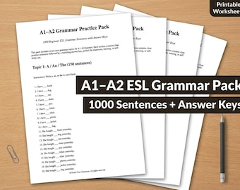 ESL Grammar Worksheets – A1-A2 English Practice, 1000 Sentences (Digital Download)
