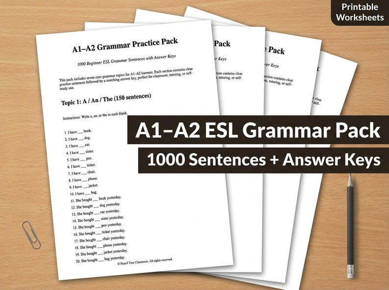 ESL Grammar Worksheets – A1-A2 English Practice, 1000 Sentences ...
