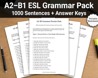 A2–B1 ESL Grammar Worksheet Pack | 1000 Sentences + Answer Keys | Printable English Grammar Practice
