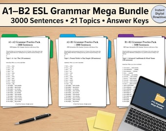 ESL Grammar Worksheets A1-B2 – 3000 Sentences, Answer Keys (Digital Download .docx Files)
