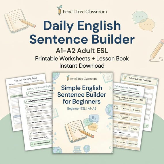 ESL Sentence Builder for Beginners – A1-A2 English Worksheets (PDF Download)