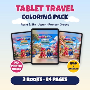 Może przedstawiać: Cyfrowy pakiet kolorowanek na tablet zawierający trzy książki zatytułowane Rosie & Sky Japan, Greece i France Adventure. Ekran przedstawia dwie postacie z kreskówek, łącznie 84 strony oraz tekst informujący, że drukarka nie jest potrzebna.