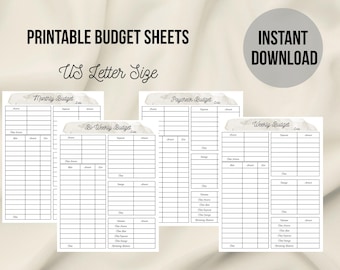 May include: Printable budget sheets in US Letter size, featuring monthly, bi-weekly, paycheck, and weekly budget templates. Each sheet has a white background with black text and a watercolor-style header.