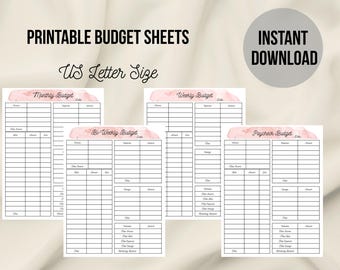 May include: Printable budget sheets in US Letter size. The image shows monthly, bi-weekly, weekly, and paycheck budget templates. Each template has sections for income, expenses, and a balance. The words "Instant Download" are in a circle.
