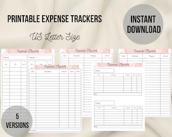 May include: Printable expense trackers in US Letter size. The image shows five versions of expense tracker templates with pink watercolor accents. The text "Instant Download" is in a gray circle. The text "5 Versions" is in a gray circle.