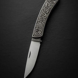 Può includere: Un coltello tascabile argentato con un manico ornato e inciso con un motivo floreale dettagliato. La lama è aperta, rivelando un bordo in acciaio inossidabile lucido. Il coltello è posto su uno sfondo scuro.