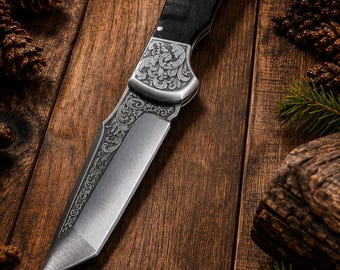 Handgefertigtes Bushcraft-Klappmesser | Gravierte Edelstahlklinge, Laminatgriff